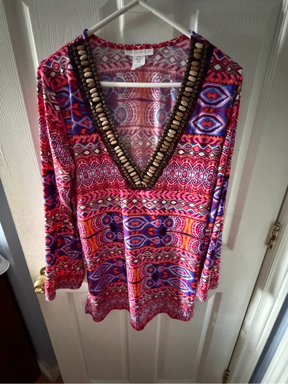 La Blanca Beaded V-Neck Patterned Tunic - Pink Multi